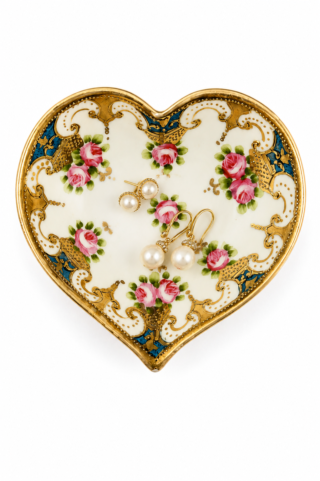Antique Nippon Hand-Painted Heart-Shaped Trinket Dish | Maple Leaf Mark 1891–1911 | Gilt Pink Roses
