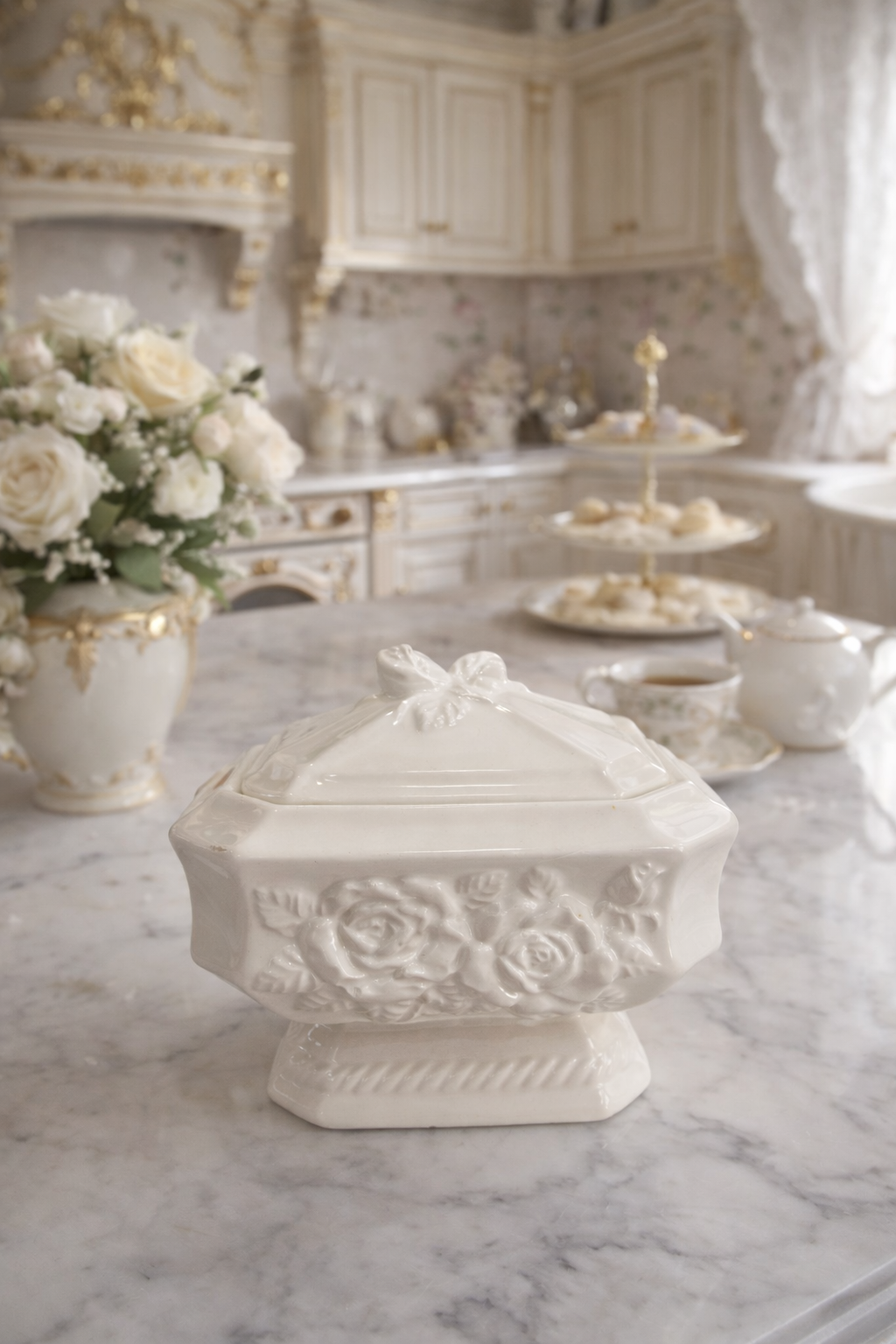 Vintage Ivory Rose Lidded Sugar Bowl / Mini Tureen | Shabby Chic Floral Kitchen Decor