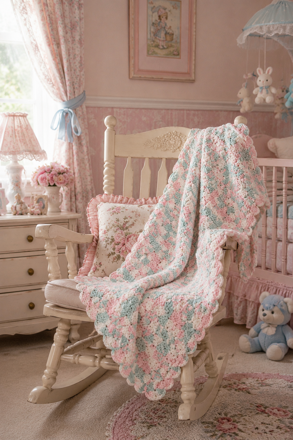 Vintage Hand-Crocheted Pastel Pink & Blue Baby Blanket | Soft Nursery Throw | Cottagecore Baby Décor