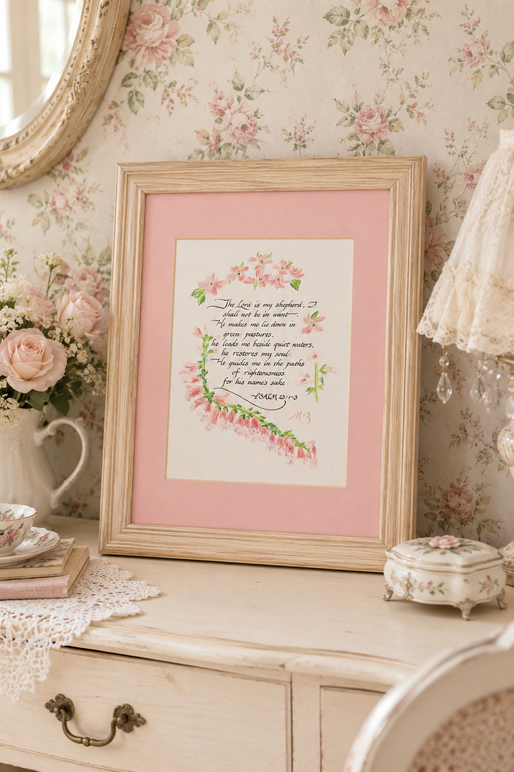 Vintage Style Psalm 23 Framed Scripture Art | Pink Floral Religious Wall Decor 16” x 13”