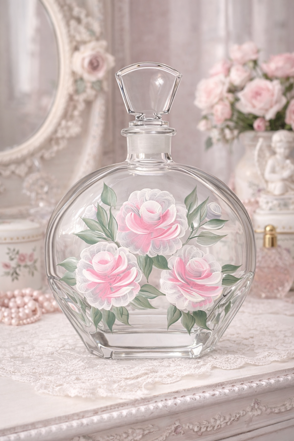 Large Vintage Hand-Painted Floral Glass Decanter | 9” Perfume Bottle / Oil & Spirits Bottle