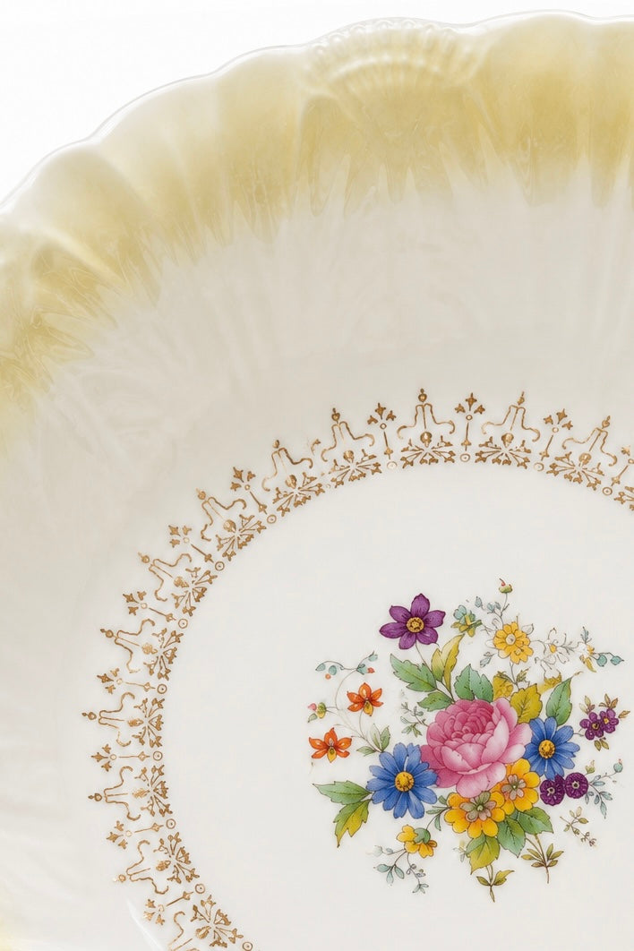 Vintage 1930s–1940s Pastel Yellow Floral Serving Bowl | Made in USA | 9.5” | Cottage & Farmhouse Décor