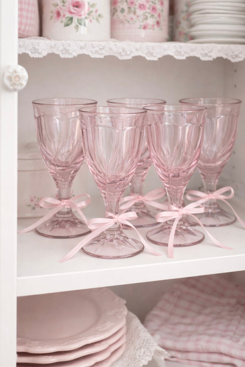 Blush Petal Goblets | Vintage Pink Stemware Glasses (Shabby Chic Cottagecore Barware, Set of 4)