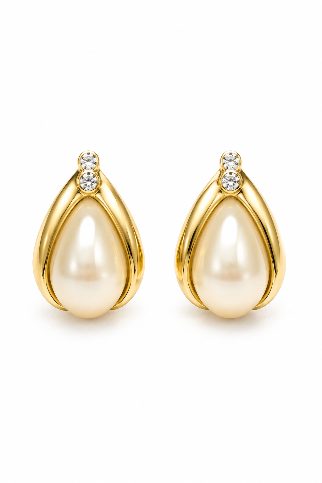 Vintage 1995 Avon “Golden Pearlesque” Faux Pearl Rhinestone Teardrop Clip-On Earrings – Gold Tone