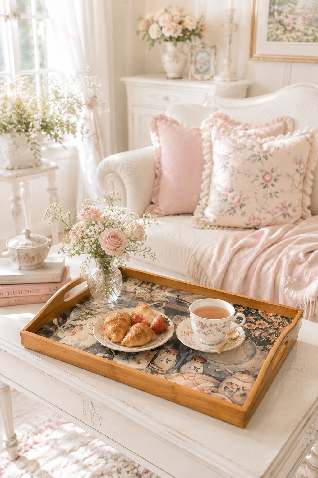 Vintage 1990s Cottagecore Wooden Serving Tray – Shabby Chic Floral Tea Party Kitchen Tray