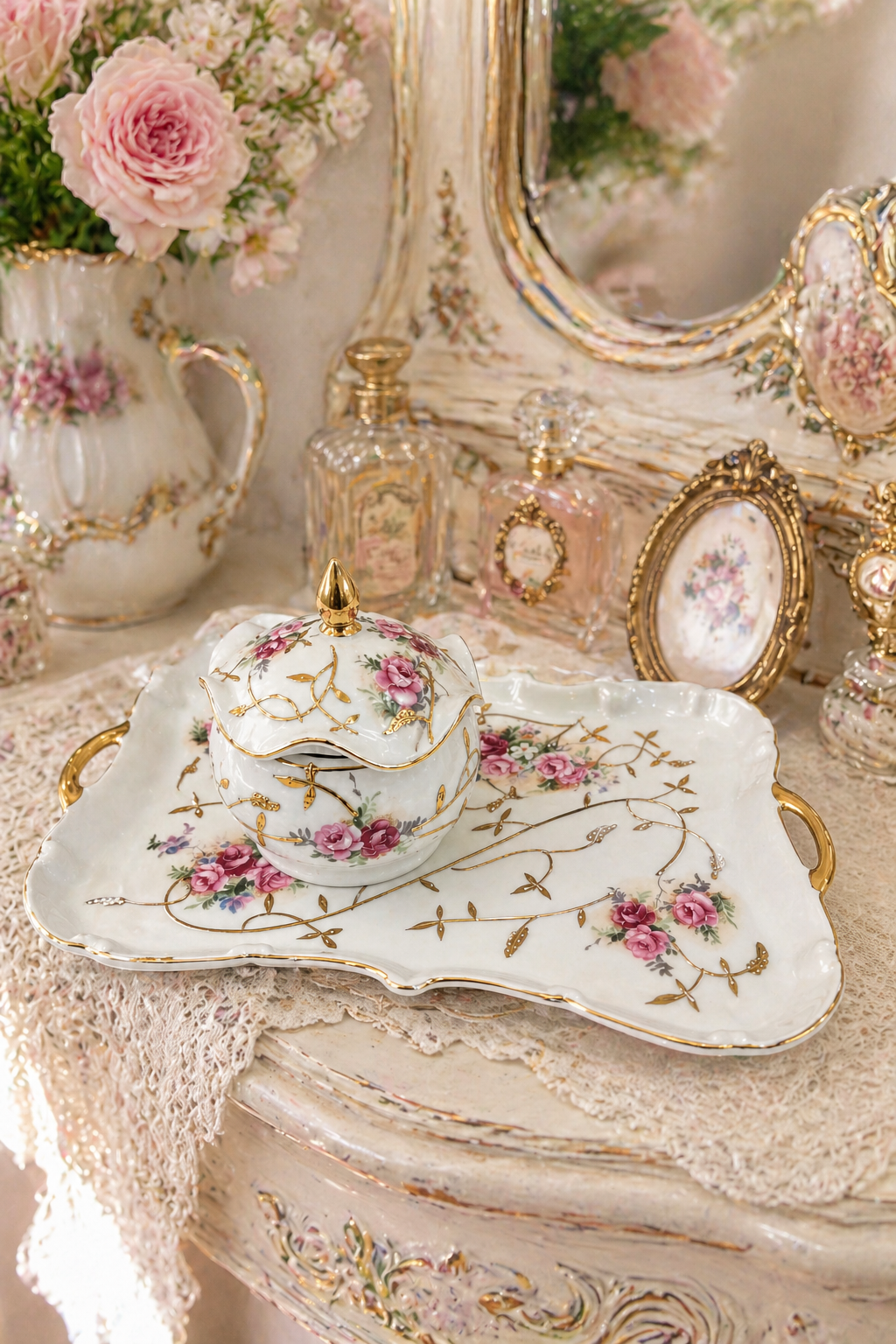 Antique 1900s–1920s PORCELLANFABRIK KALK GmbH German Porcelain Vanity Dresser Set | Floral Tray & Lidded Trinket Box Set
