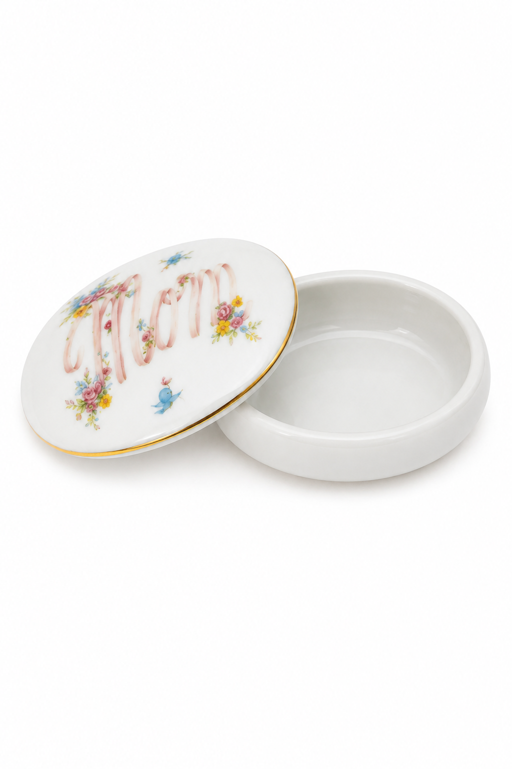 Vintage “Mom” Floral Porcelain Trinket Box with Gold Trim – Mother Keepsake Jewelry Box