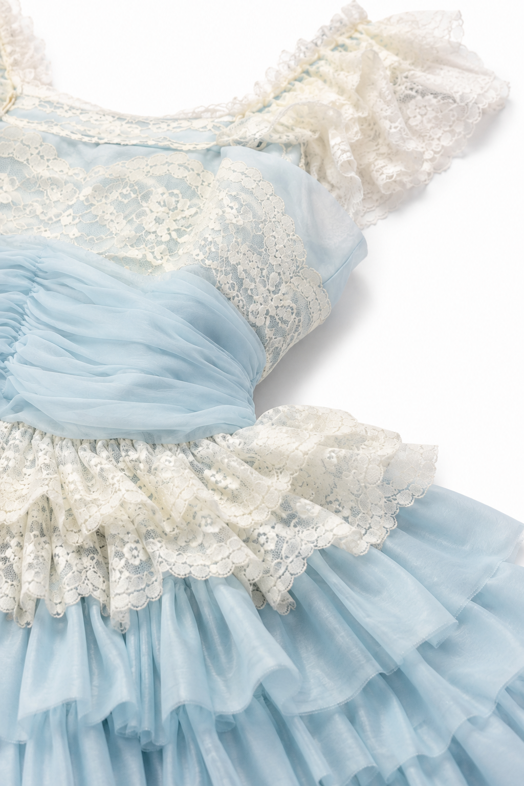 Vintage 1970s Pastel Blue Tiered Ruffle Prairie Maxi Dress Gown with Lace Trim XS/Small