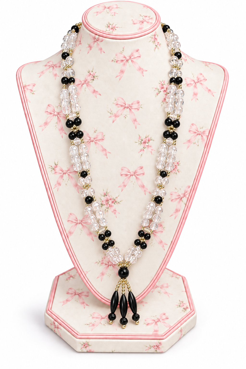 Vintage 1980s Clear Crystal & Black Beaded Tassel Statement Necklace – 29”