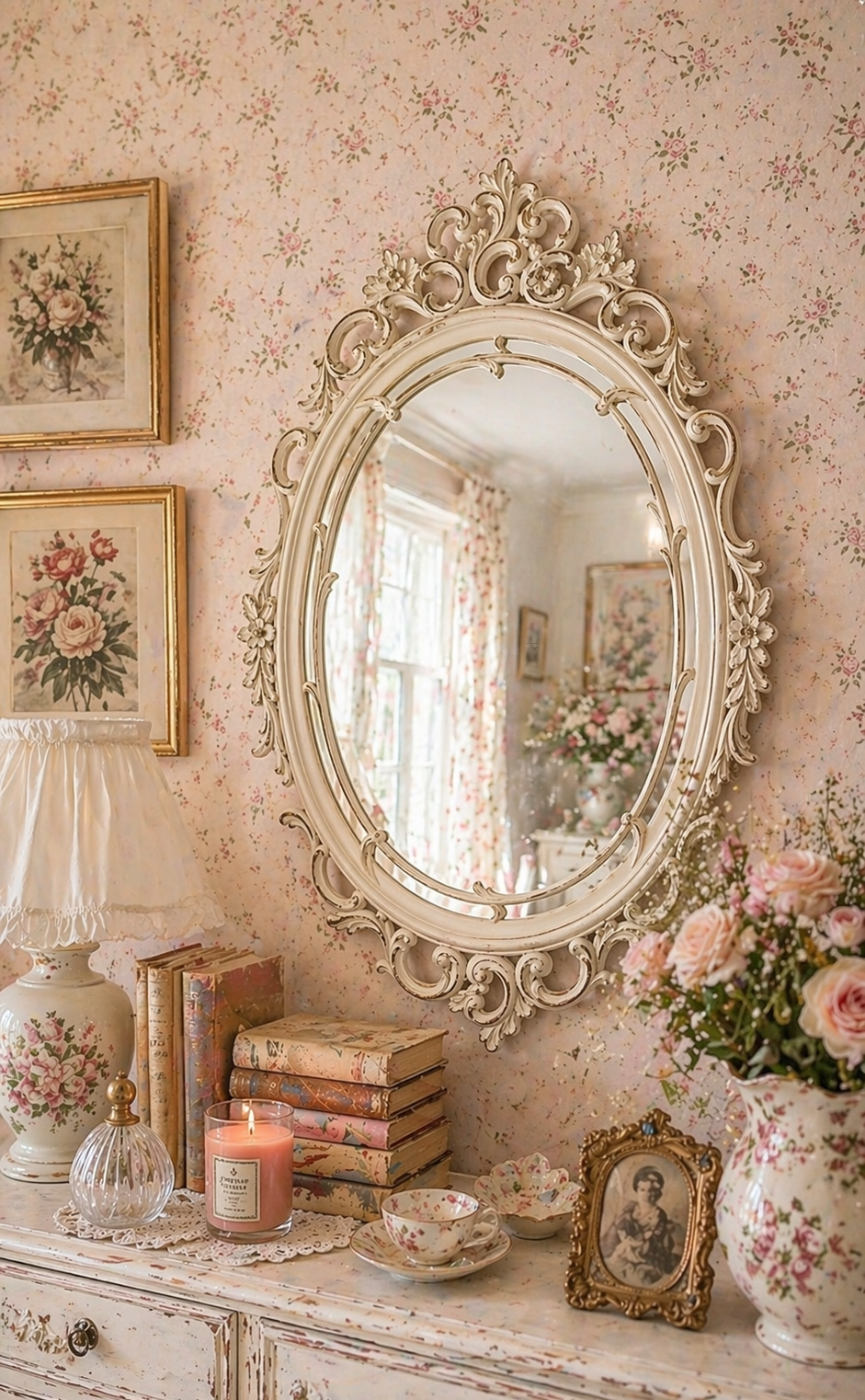 Vintage Shabby Chic Ornate Wall Mirror | Large Cream Rococo Style Mirror | 1960s–1980s French Inspired Decor