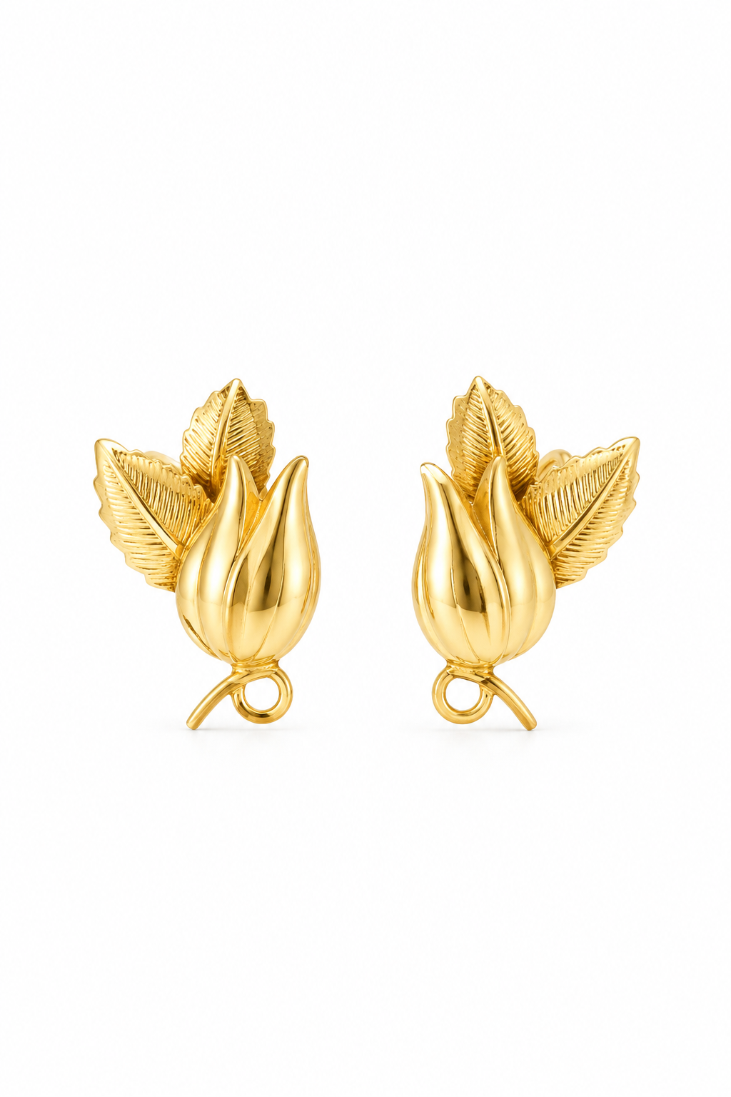 Vintage 1950s Gold Tone Tulip Flower Clip-On Earrings | Textured Leaf Floral Earrings | 1”