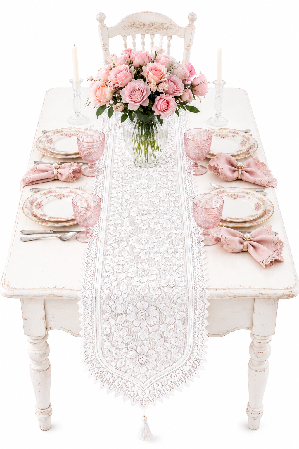 Vintage White Floral Lace Table Runner with Tassels | Romantic Cottagecore & Décor | 73” Long