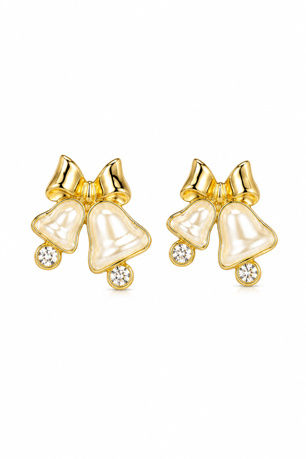 Vintage 1997 Avon “Pearly Bell” Gold Tone Faux Pearl Holiday Stud Earrings – .75”