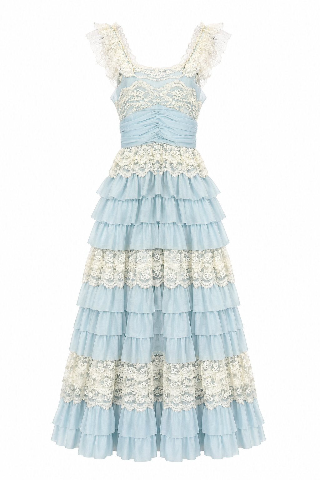 Vintage 1970s Pastel Blue Tiered Ruffle Prairie Maxi Dress Gown with Lace Trim XS/Small
