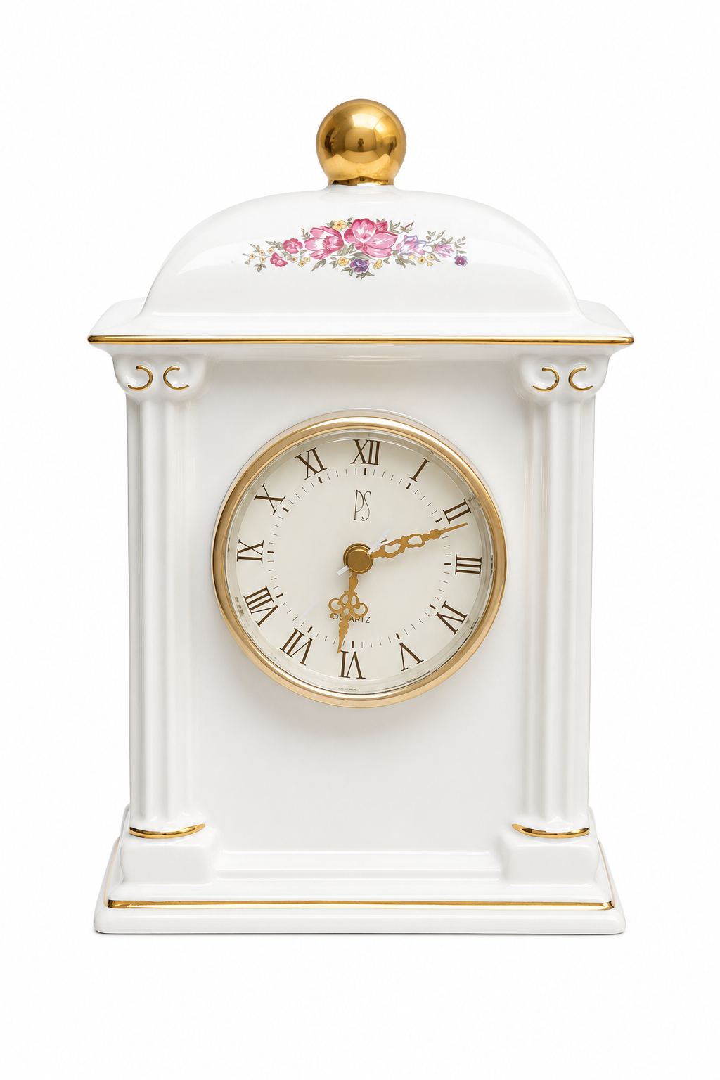 1993 Paul Sebastian Limited Edition Porcelain Mantel Clock | White Ceramic with Pink Florals & 22K Gold Accents