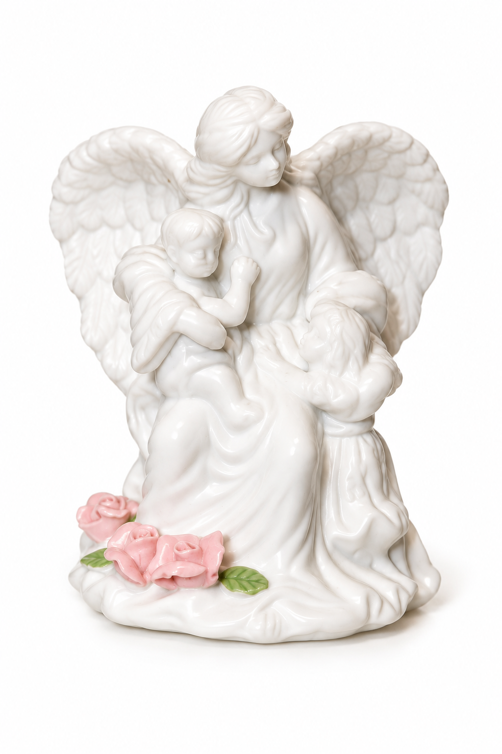 Vintage AUTOM Guardian Angel with Children Porcelain Figurine | White Ceramic Angel with Pink Roses