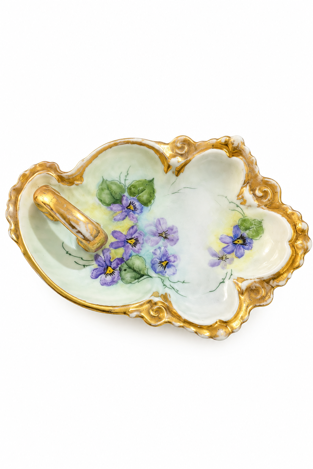 Antique Hand-Painted Purple Violet Porcelain Vanity Trinket Tray with Gold Gilt Loop Handle