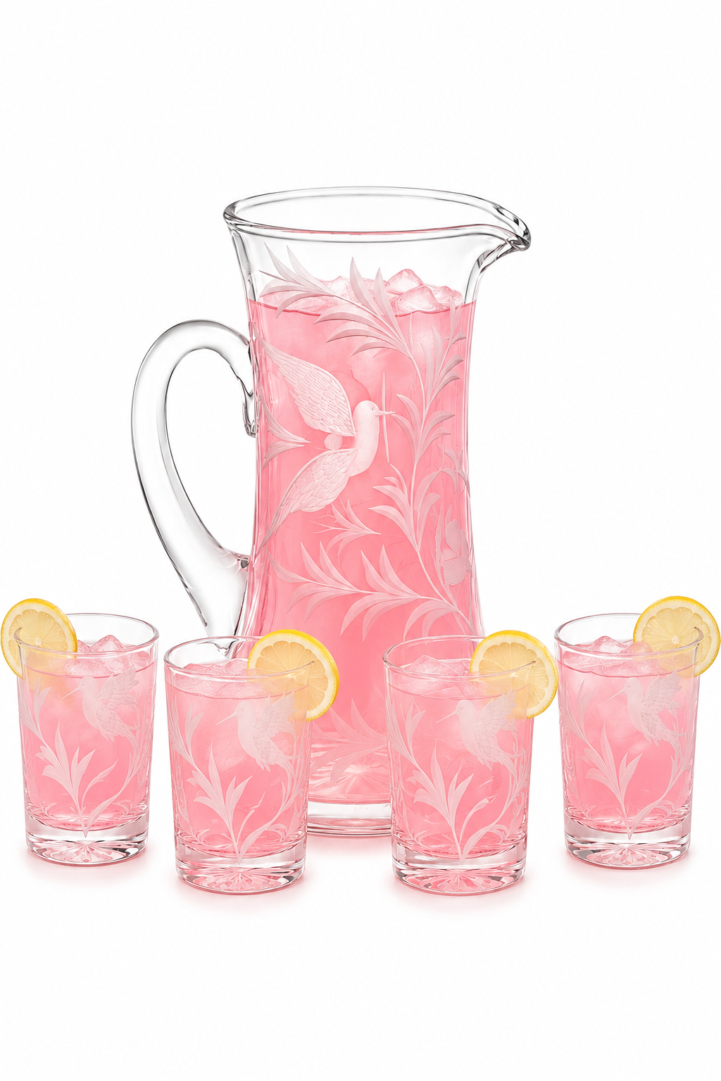 Antique 1890s American Brilliant Period Crystal Love Birds & Wisteria Pitcher Set | Etched Pitcher with 4 Glasses