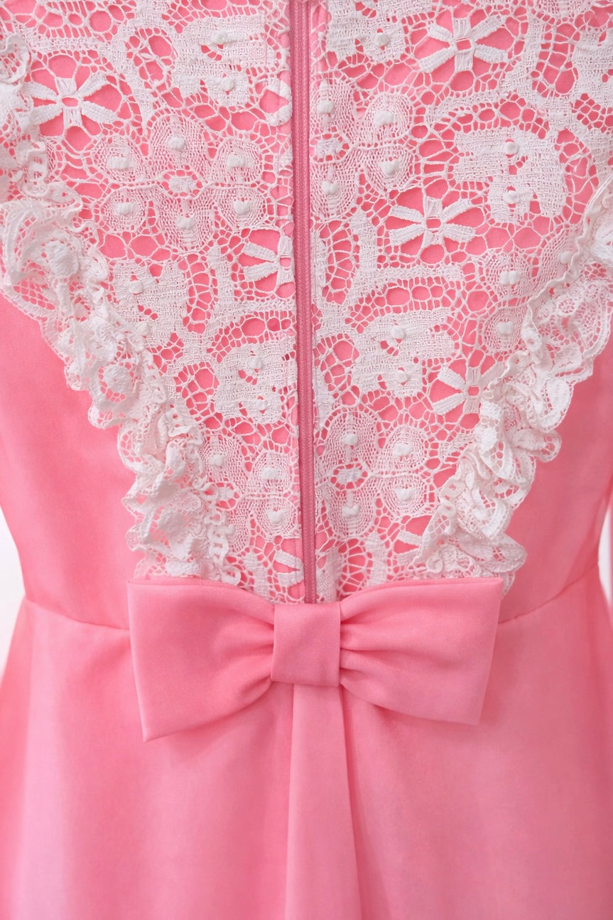 Vintage 1970s Bubblegum Pink Maxi Gown | Lace Detail, Romantic Prairie Style Size XS–S