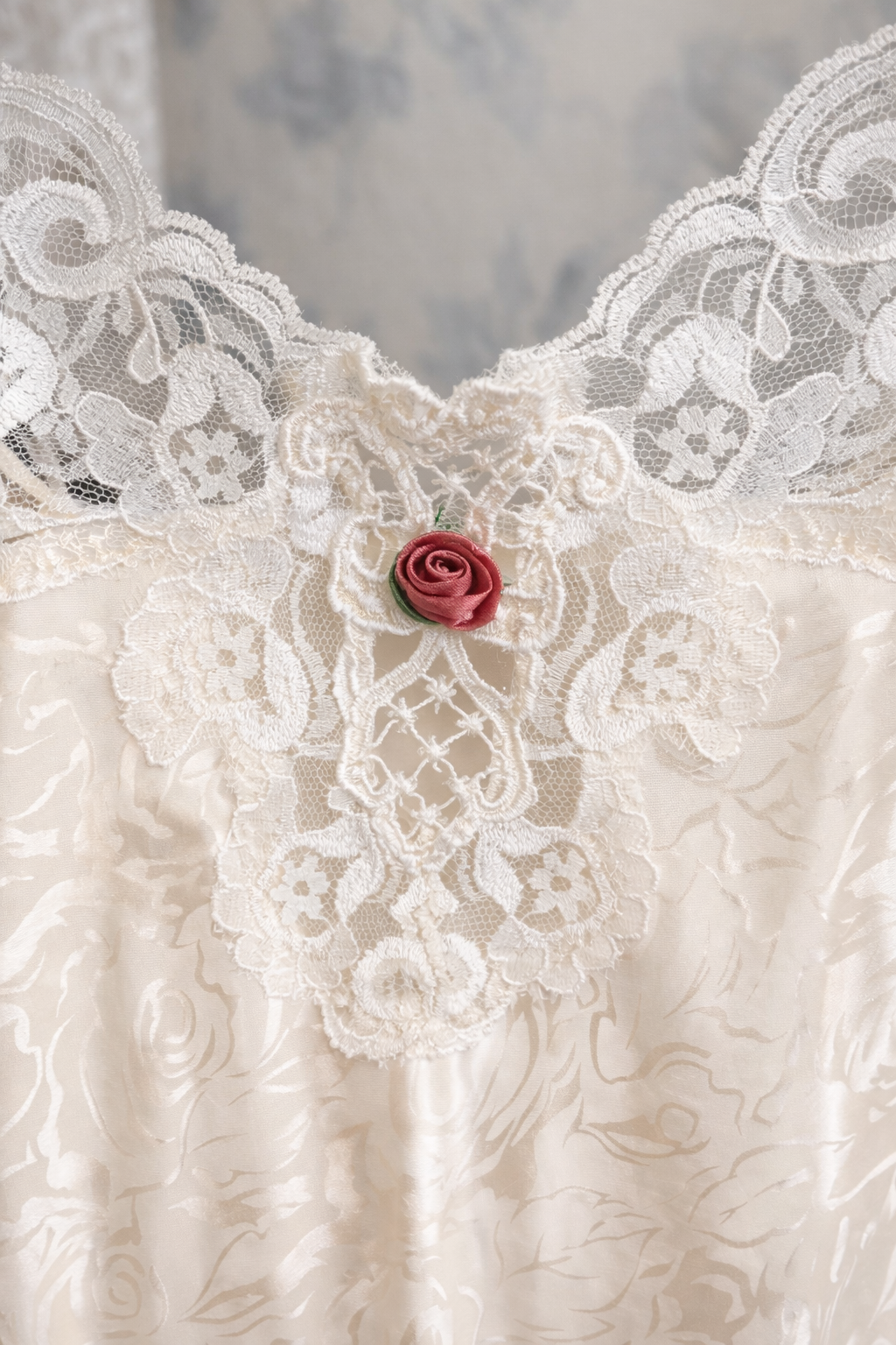 Ivory Rose Vintage Nightgown | Lace Trim Satin Slip (M/L)