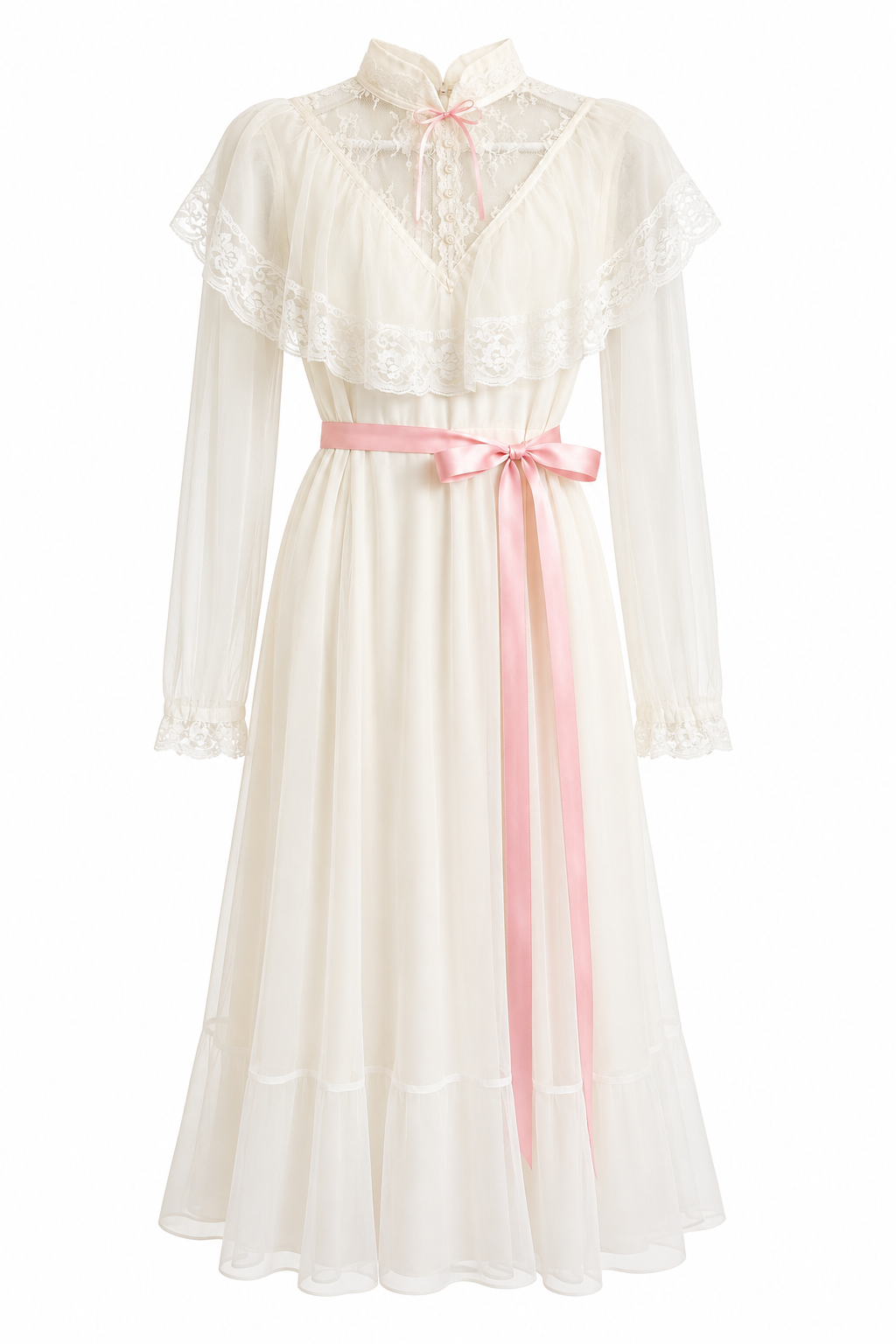 Vintage 1970s Ivory Prairie Dress Pink Ribbon Lace Romantic Bridal Wedding Dress XS/S Handmade