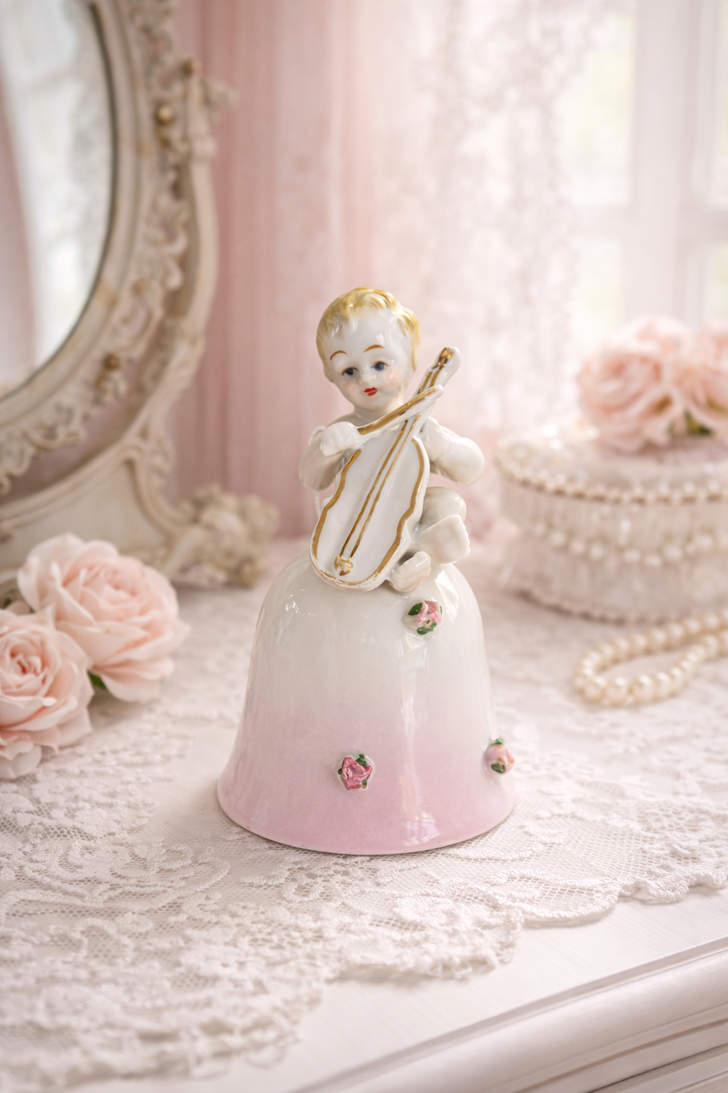 Vintage Porcelain Angel Bell | Sweet Violin Cherub