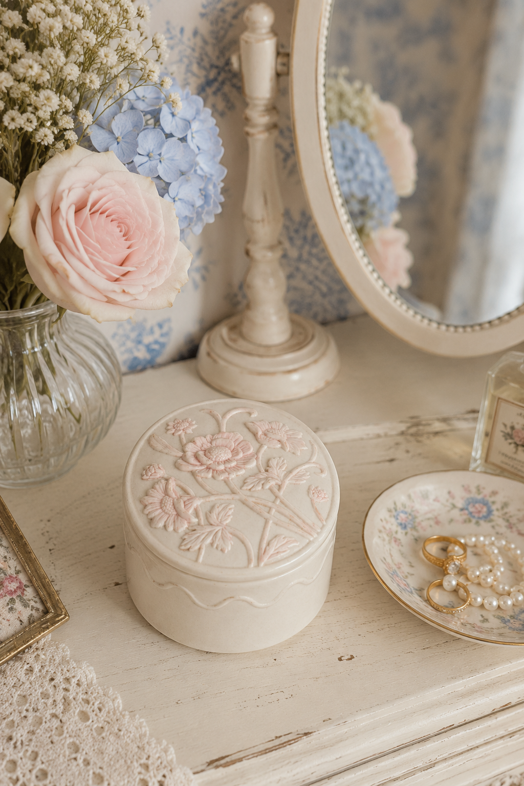 Vintage Fine Porcelain Floral Trinket Box with Lid | Pink Embossed Jewelry Box | Vanity Keepsake