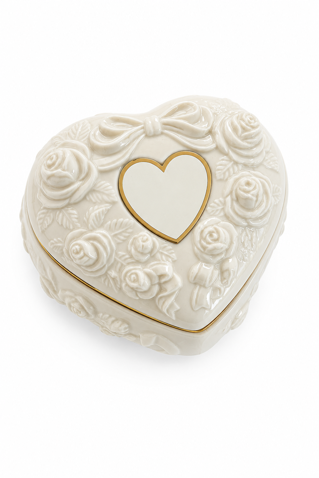 Vintage 1980s Cream Heart-Shaped Trinket Box with Roses & Bow | Romantic Ceramic Jewelry Box | Shabby Chic Vanity Décor
