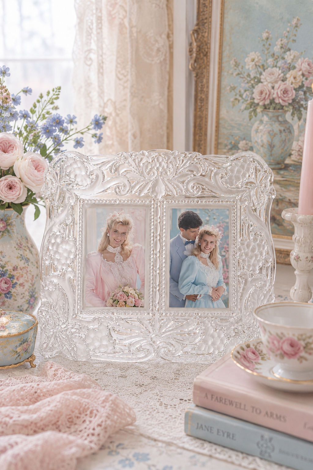Vintage 1980s Mikasa Germany Crystal Double 3x5 Picture Frame Ornate Floral Scrollwork | 11” x 9.5”