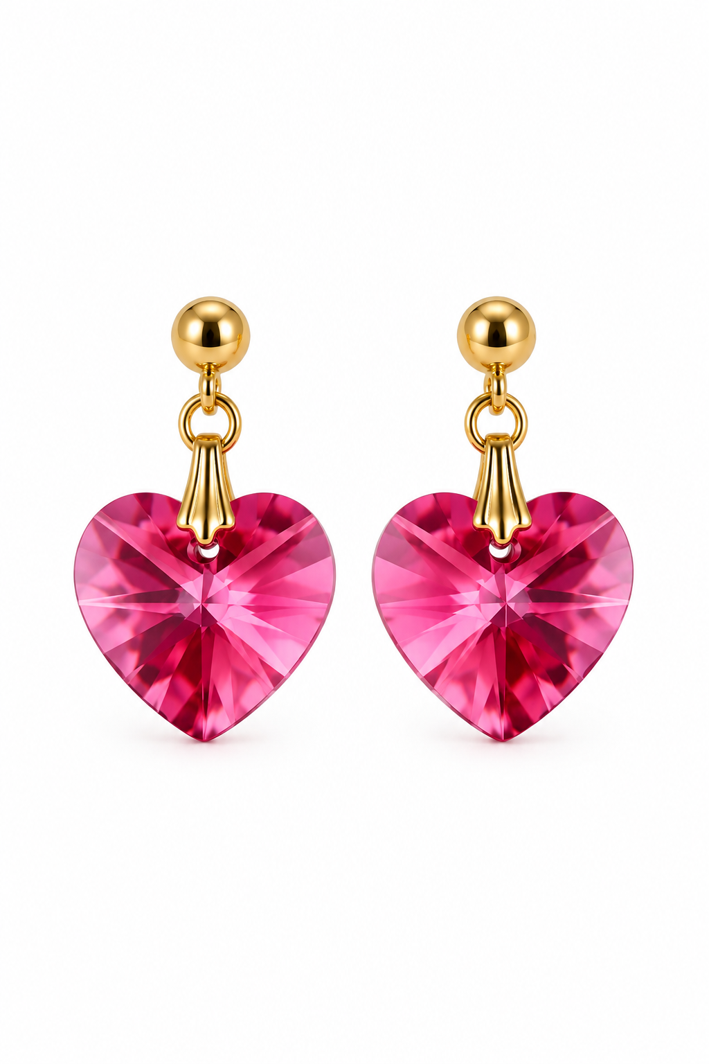 Vintage-Inspired Hot Pink Crystal Heart Gold-Tone Drop Stud Earrings
