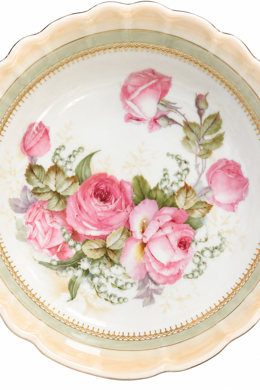 Antique Pink Rose Porcelain Serving Bowl | Scalloped Gold Trim Floral Bowl