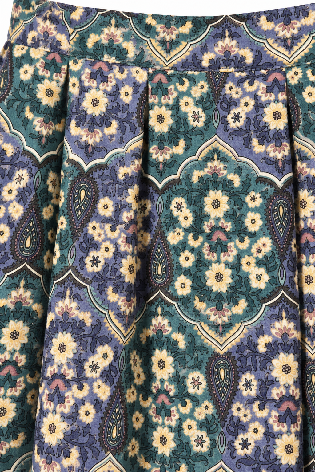Vintage 1980s–90s Jantzen Petite Paisley Medallion Cotton Midi Skirt Green Yellow Size 10