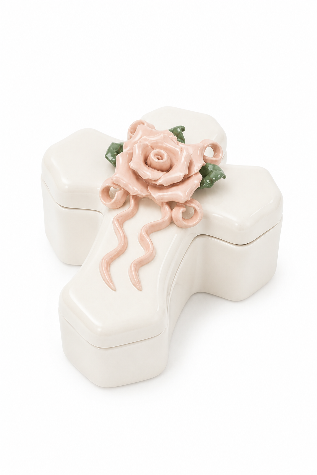 Vintage 1980s White Porcelain Cross Trinket Box | Pink Rose & Ribbon Lidded Keepsake Box | Religious Jewelry Box