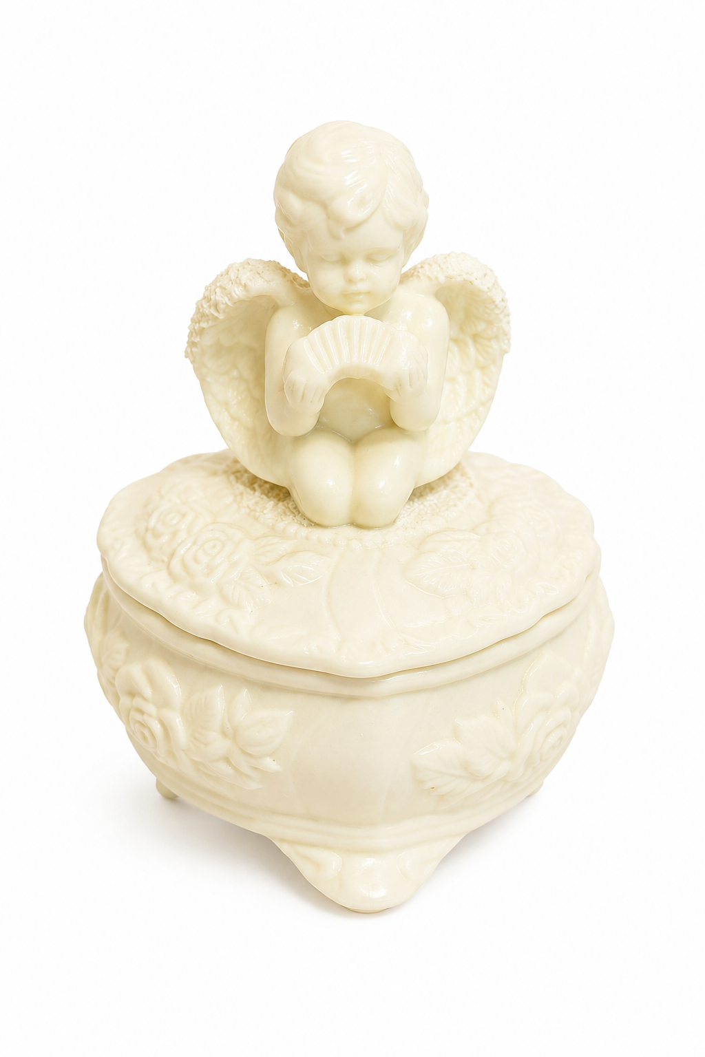 Vintage 1980s White Porcelain Cherub Trinket Box – Angel & Rose Heart-Shaped Keepsake Box