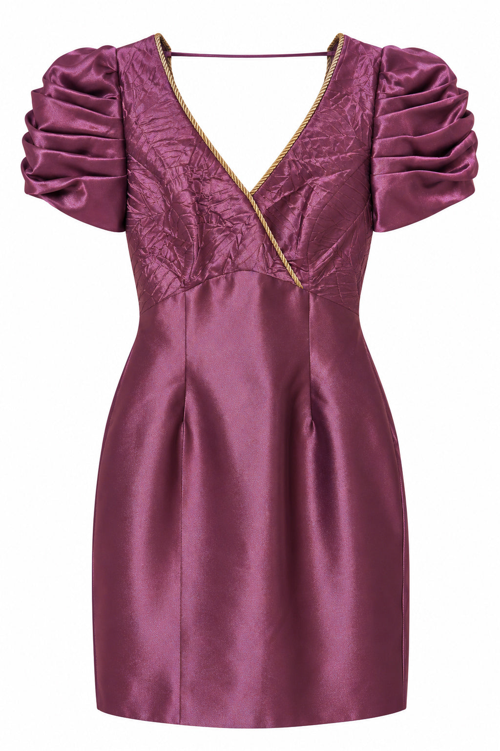 Vintage 1980s Mauve Satin Renaissance Revival Puff Sleeve Mini Dress | Gold Trim