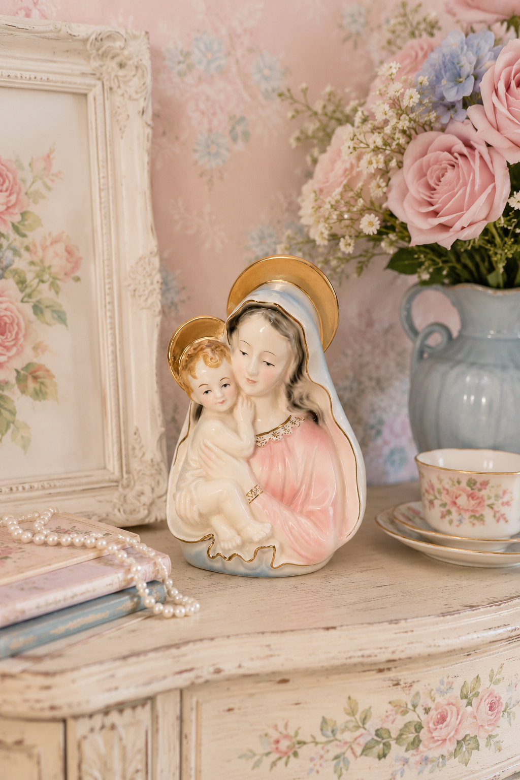Vintage 1950s–60s Virgin Mary & Child Porcelain Figurine | Madonna & Baby Jesus Statue | Religious Home Décor