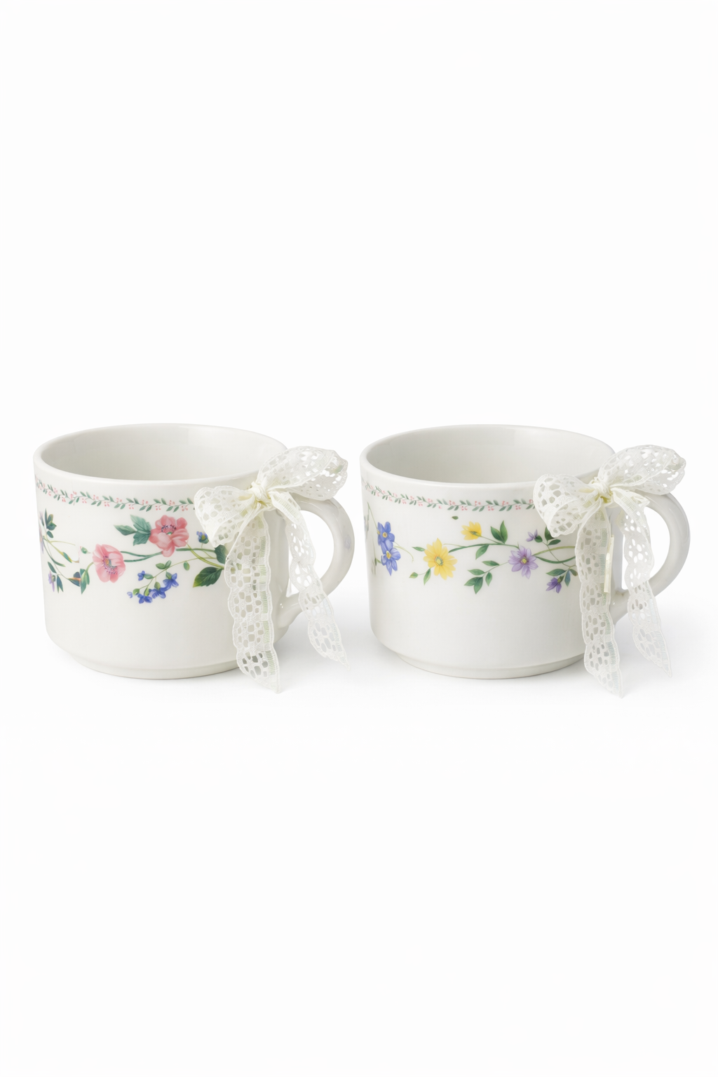 Farberware “English Garden” Floral Mug Set | Vintage Style Cups with Lace Bows (Set of 2)