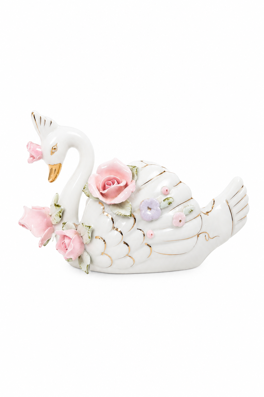 Medium Vintage Porcelain Swan Planter / Trinket Dish | Pink Roses | Gold Accents | Cottagecore Décor