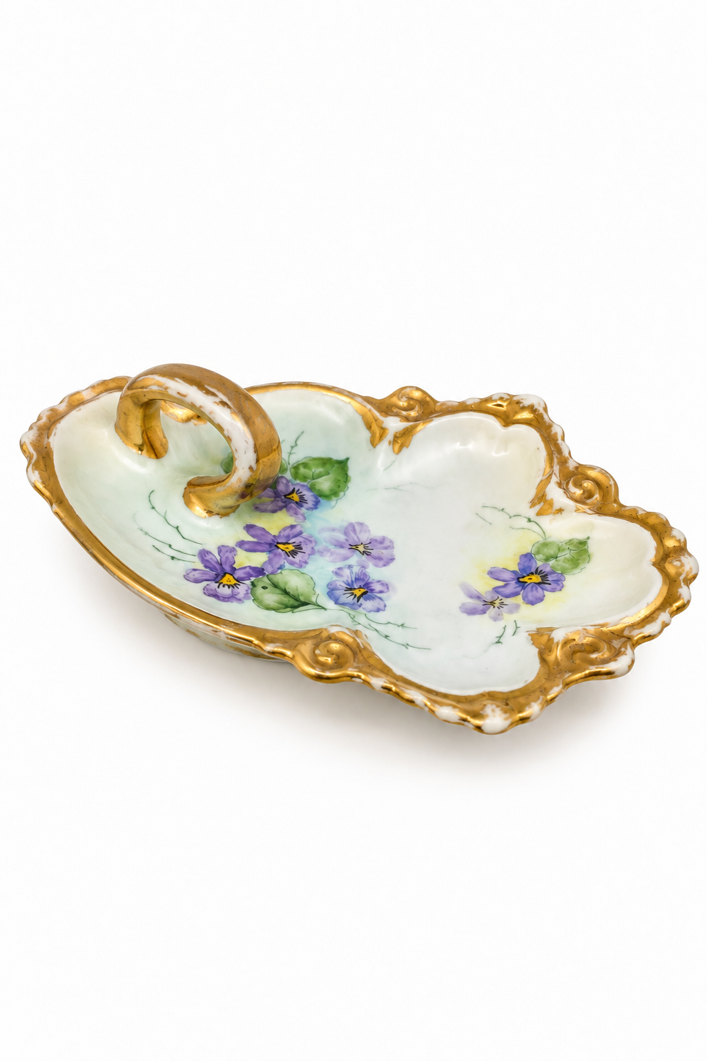 Antique Hand-Painted Purple Violet Porcelain Vanity Trinket Tray with Gold Gilt Loop Handle