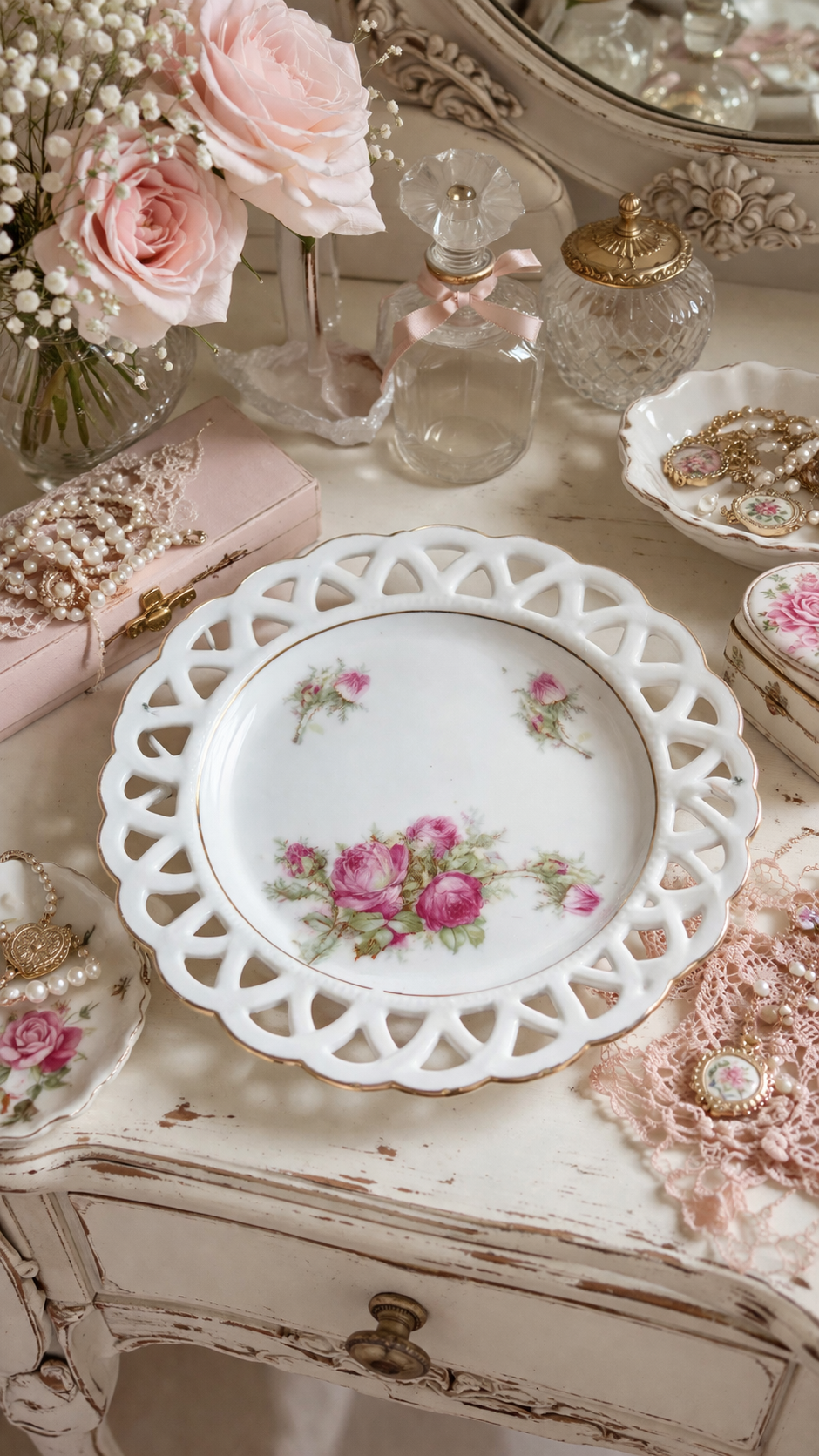 Vintage Reticulated Porcelain Plate with Pink Roses & Gold Trim