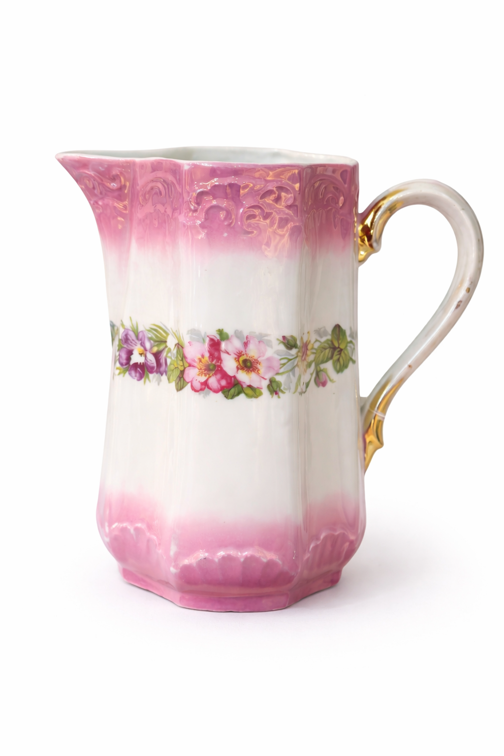 Antique 1900s Pink Floral Porcelain Pitcher | Romantic Cottage Vase, Gold Handle Detail