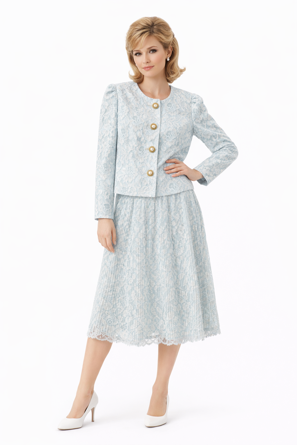 Vintage 1980s Powder Blue Lace Skirt Set | Made in USA Two Piece Blazer & Pleated Skirt Suit Size 10