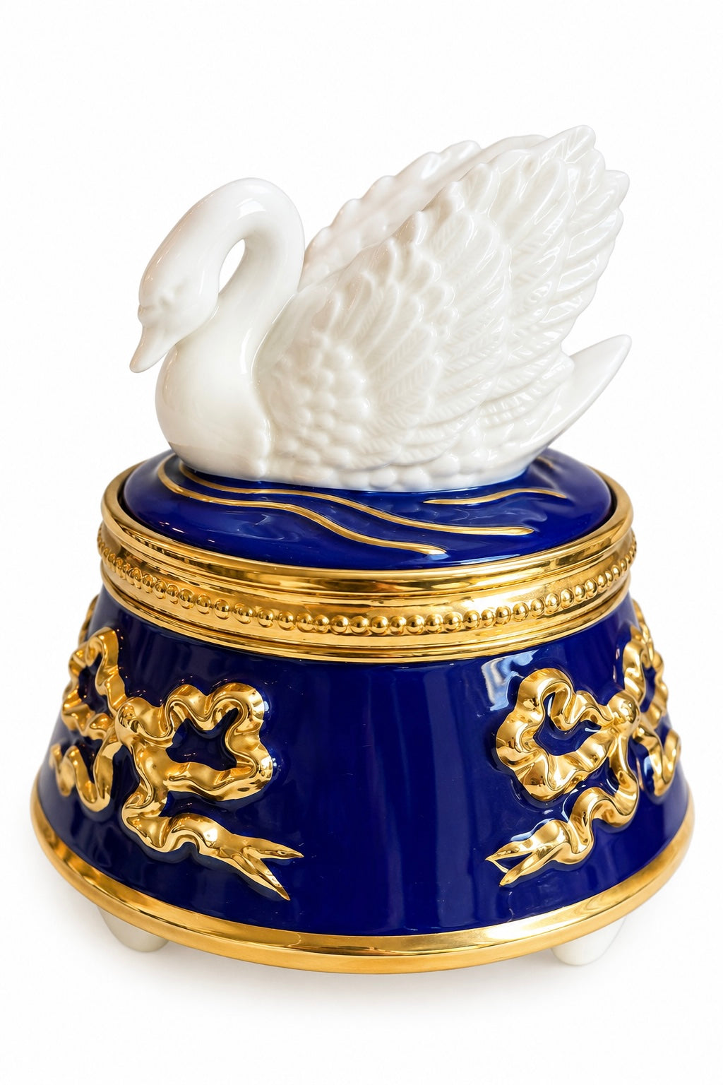 Vintage 1990s Teleflora Cobalt Blue & Gold Swan Musical Jewelry Trinket Box – Plays “Swan Lake”