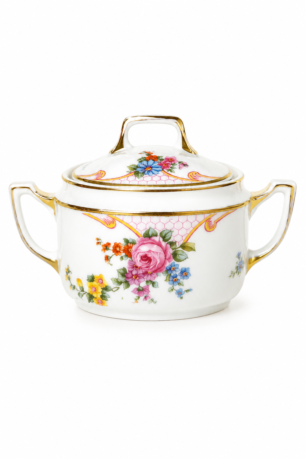 Vintage Porcelain Floral Lidded Sugar Bowl | Marked Czechoslovakia | Cottage Chic Vanity Jar