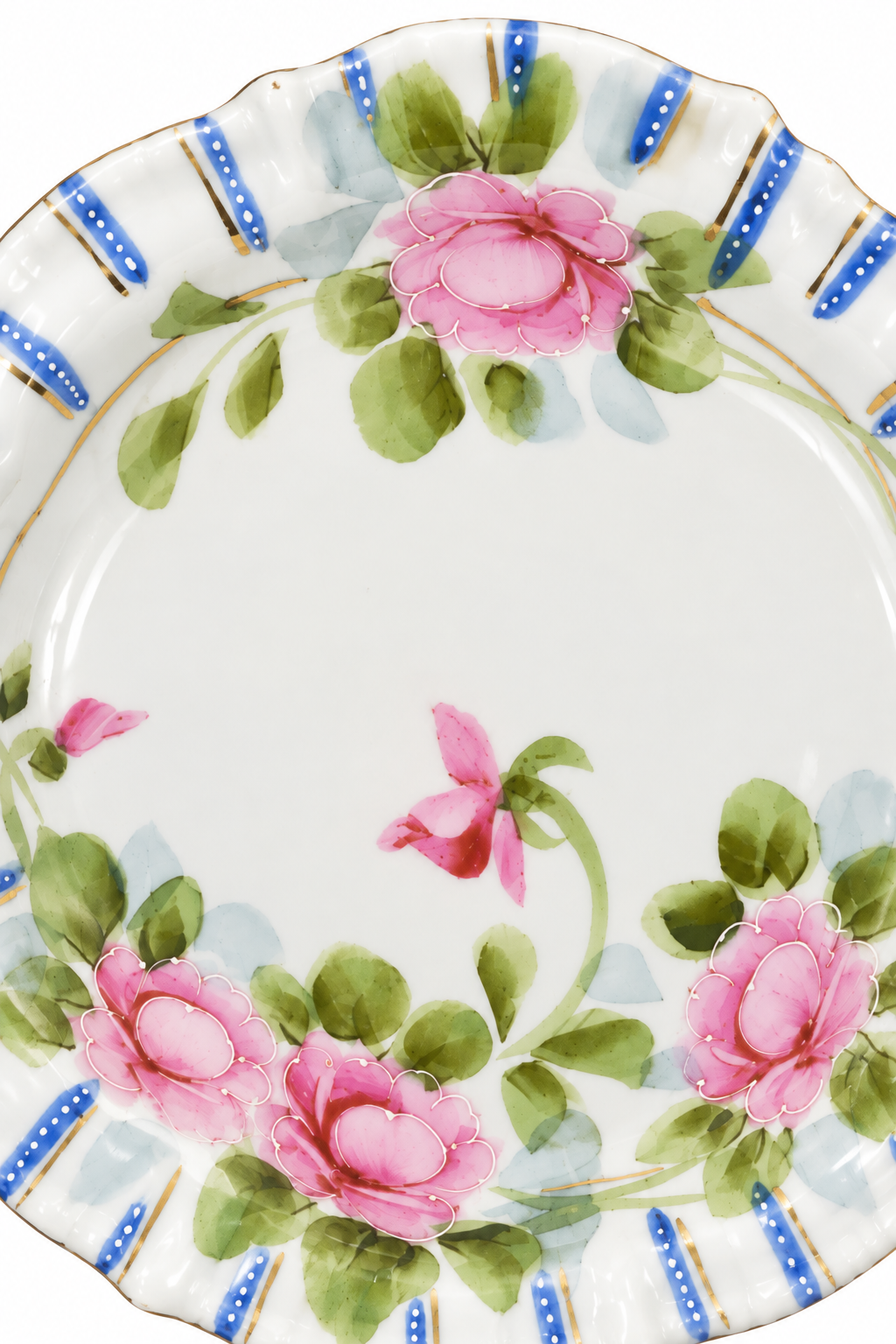Antique 1920s–1950s Hand-Painted Japanese Porcelain Floral Plate | Pink Roses & Blue Scalloped Rim