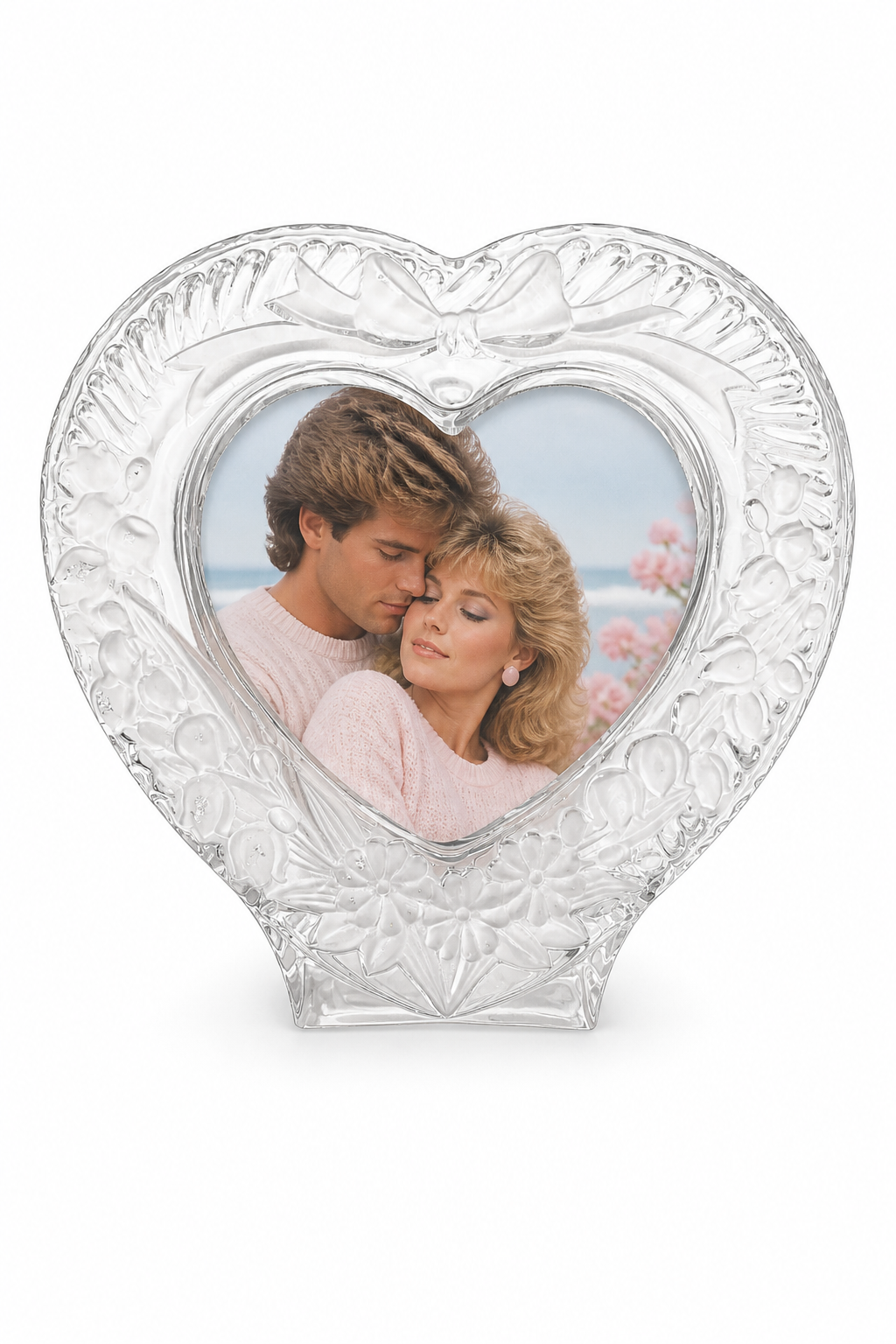 Vintage 1980s Heart-Shaped Glass Picture Frame | Made in Japan | Romantic Floral Bow Frame