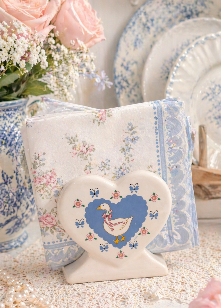 1980s Vintage Ribbon Goose Heart Napkin Holder | Cottagecore Kitchen Decor