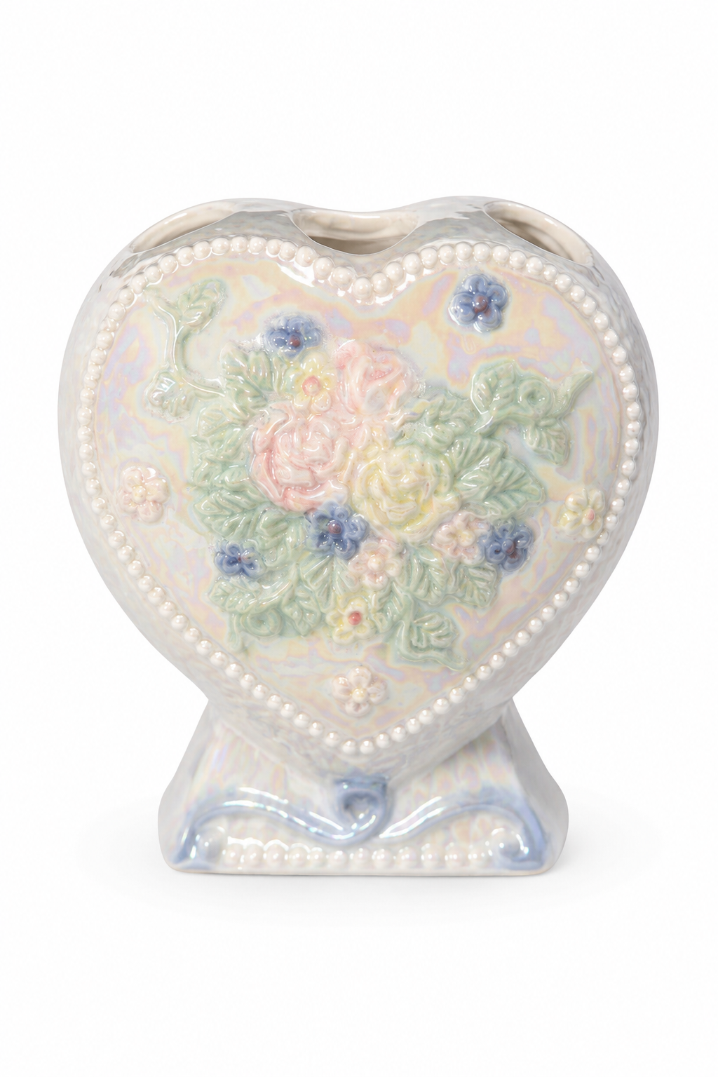Vintage 1980s–90s Pearlized Heart Ceramic Toothbrush & Toothpaste Holder | Floral Bathroom Organizer