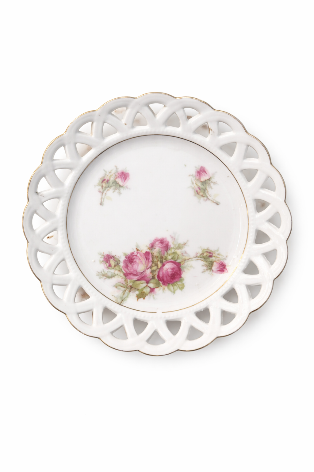 Vintage Reticulated Porcelain Plate with Pink Roses & Gold Trim