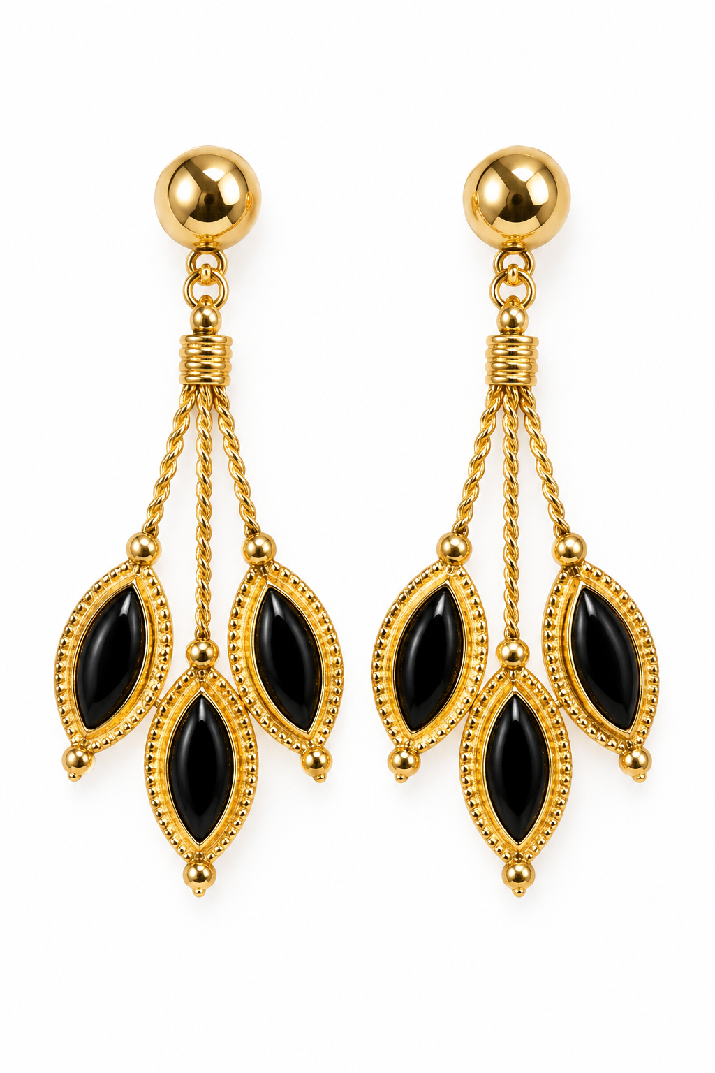 Vintage 1980s Gold-Tone Black Cabochon Multi-Chain Chandelier Dangle Earrings